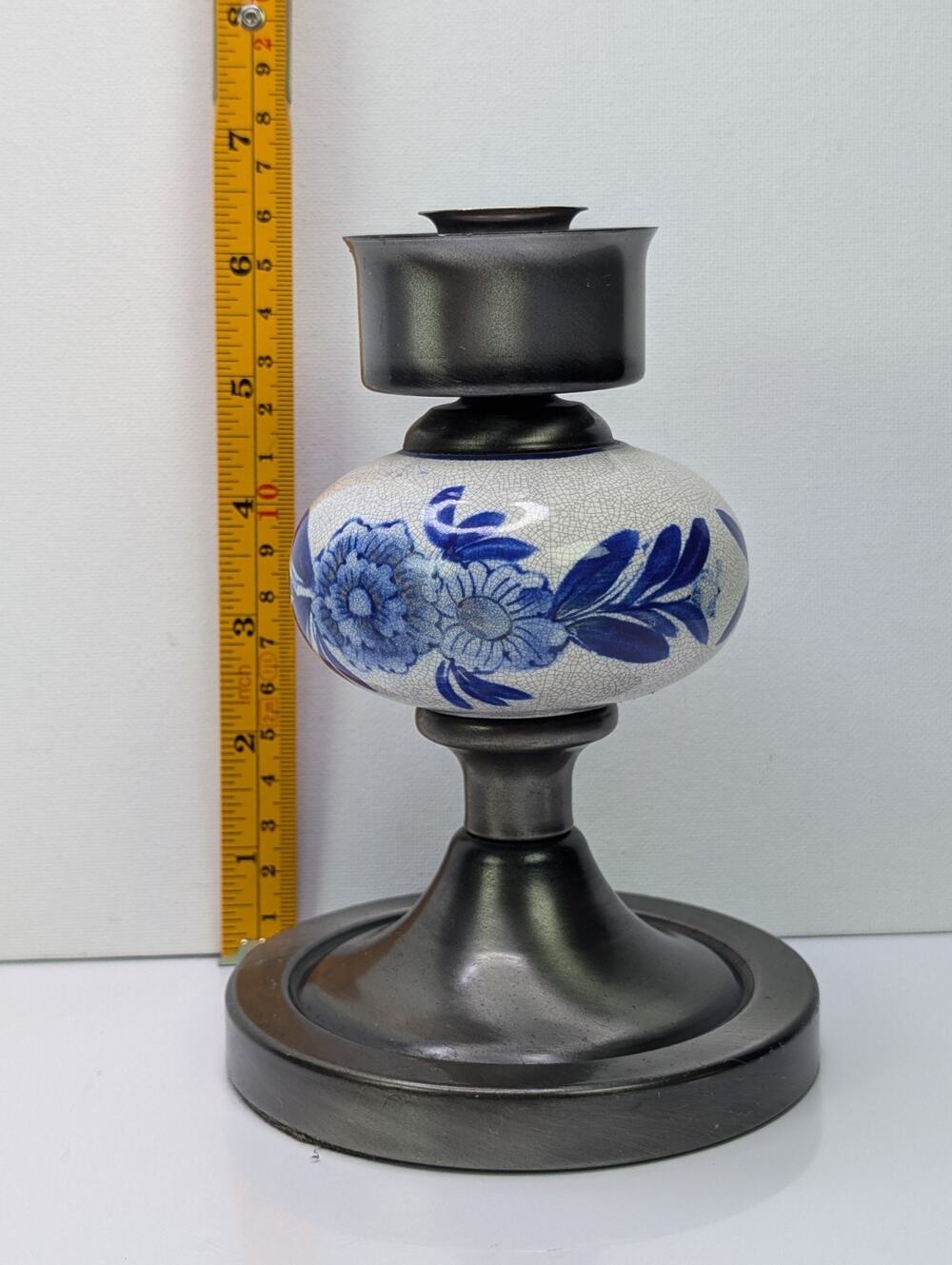 Blue White Floral Crackle Glaze Ceramic Pewter Tone Taper Candle Holder